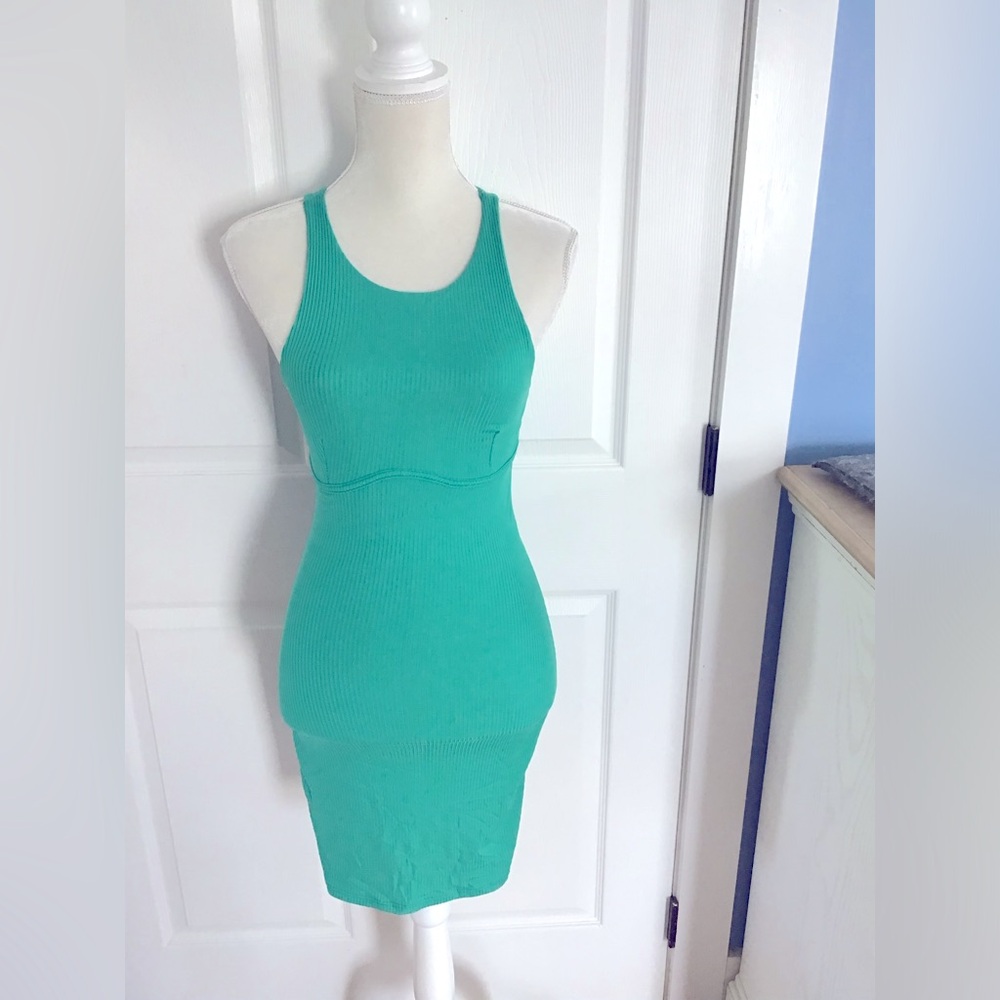 Gaze Elegant Green Dress Mini Ribbed below knee Polyester and Spandex XS New